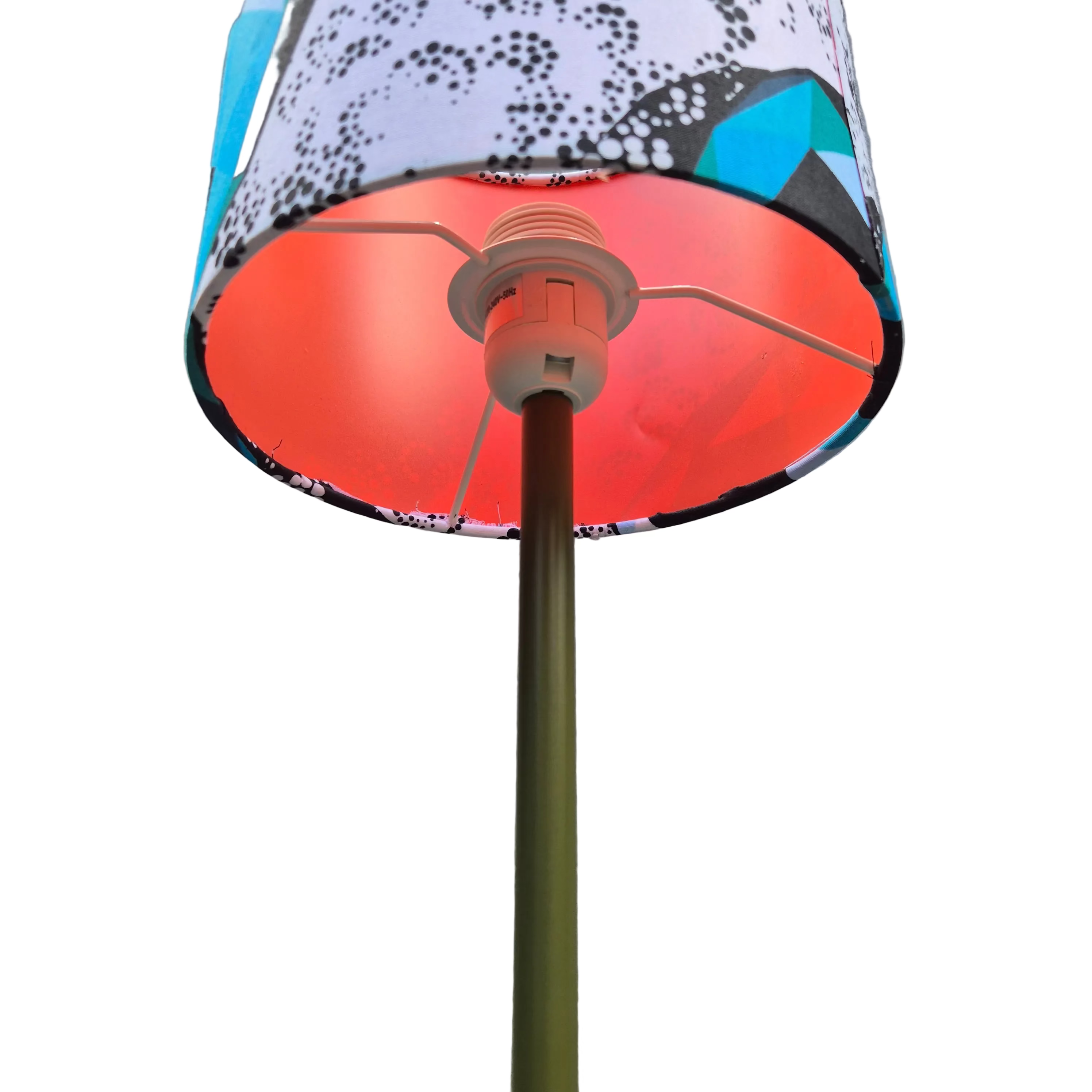 Colourful lampshade with a coral vinyl inner lining