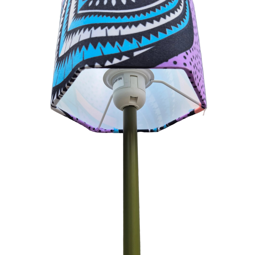 Hexagonal fabric lampshade with purple and blue patterns 