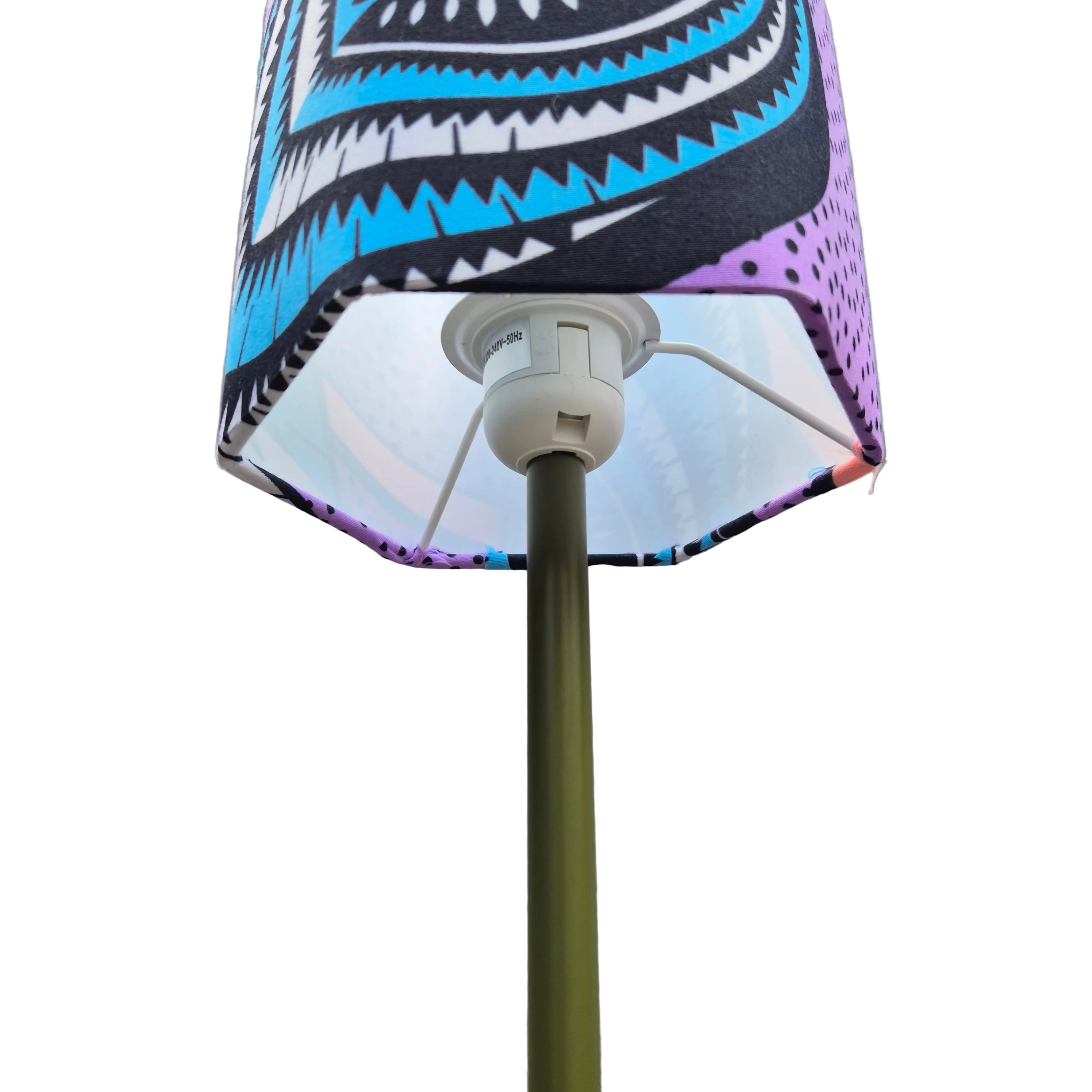 Hexagonal fabric lampshade with purple and blue patterns 