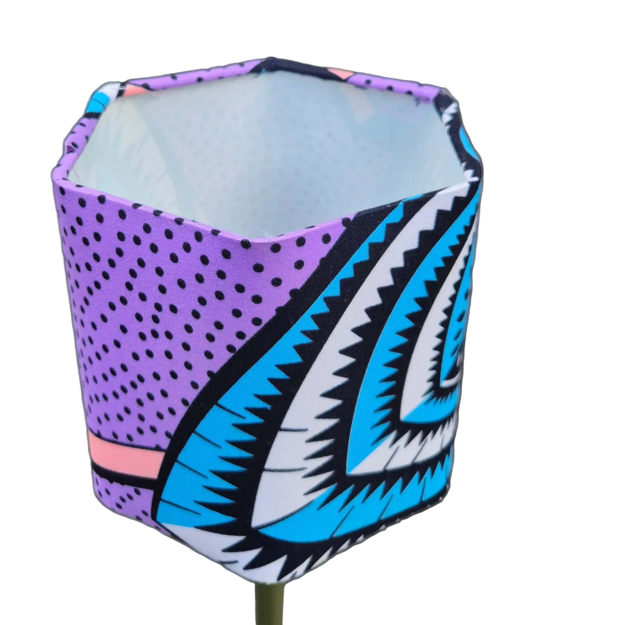 Hexagonal fabric lampshade with purple and blue patterns 