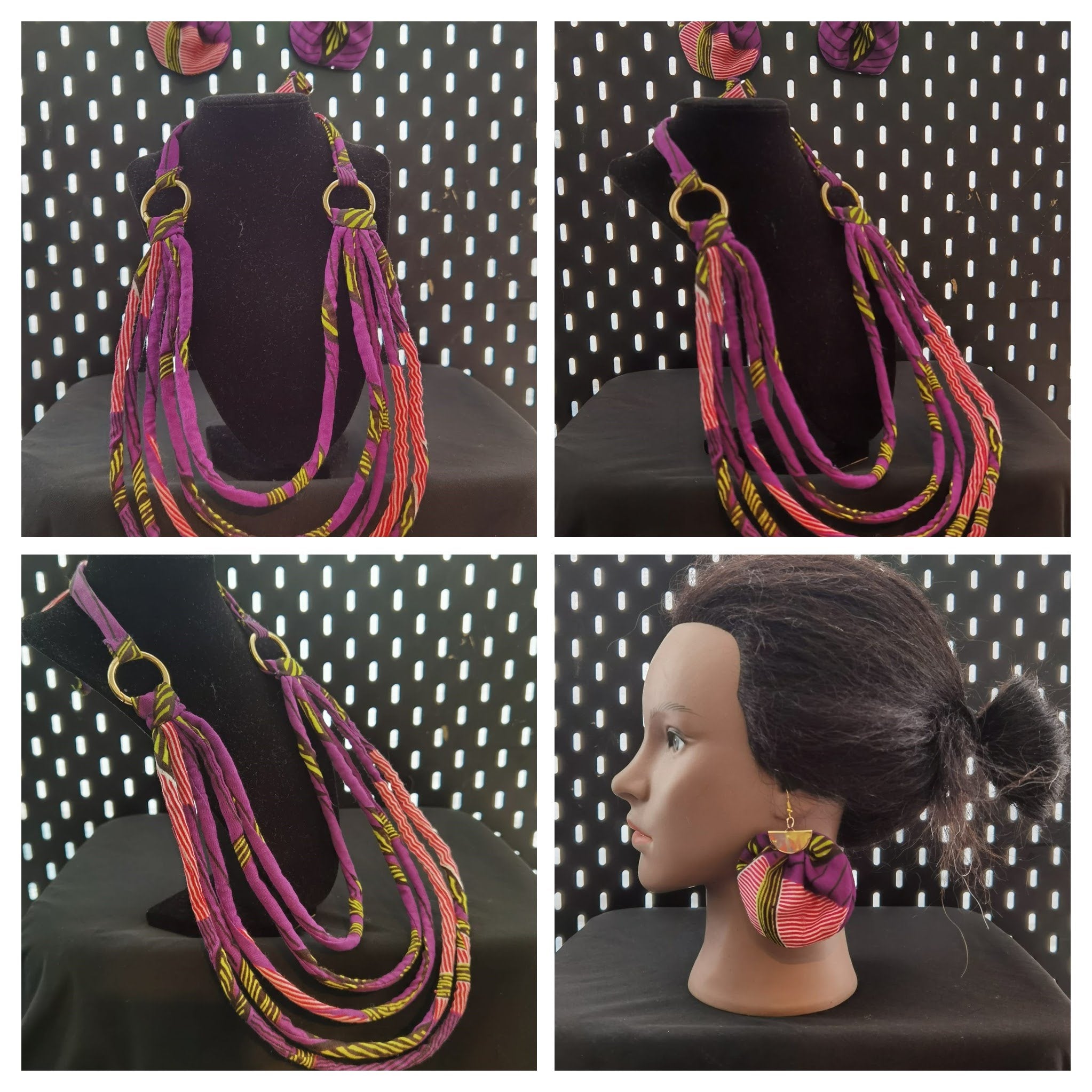 Colourful 5 Layered rope and earrings displayed on a mannequin and stand 